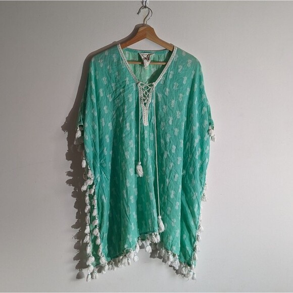 Z & L Sweaters - Z&L Teal Pineapple Print Tassel Fringe Lace Up Poncho Women's One Size